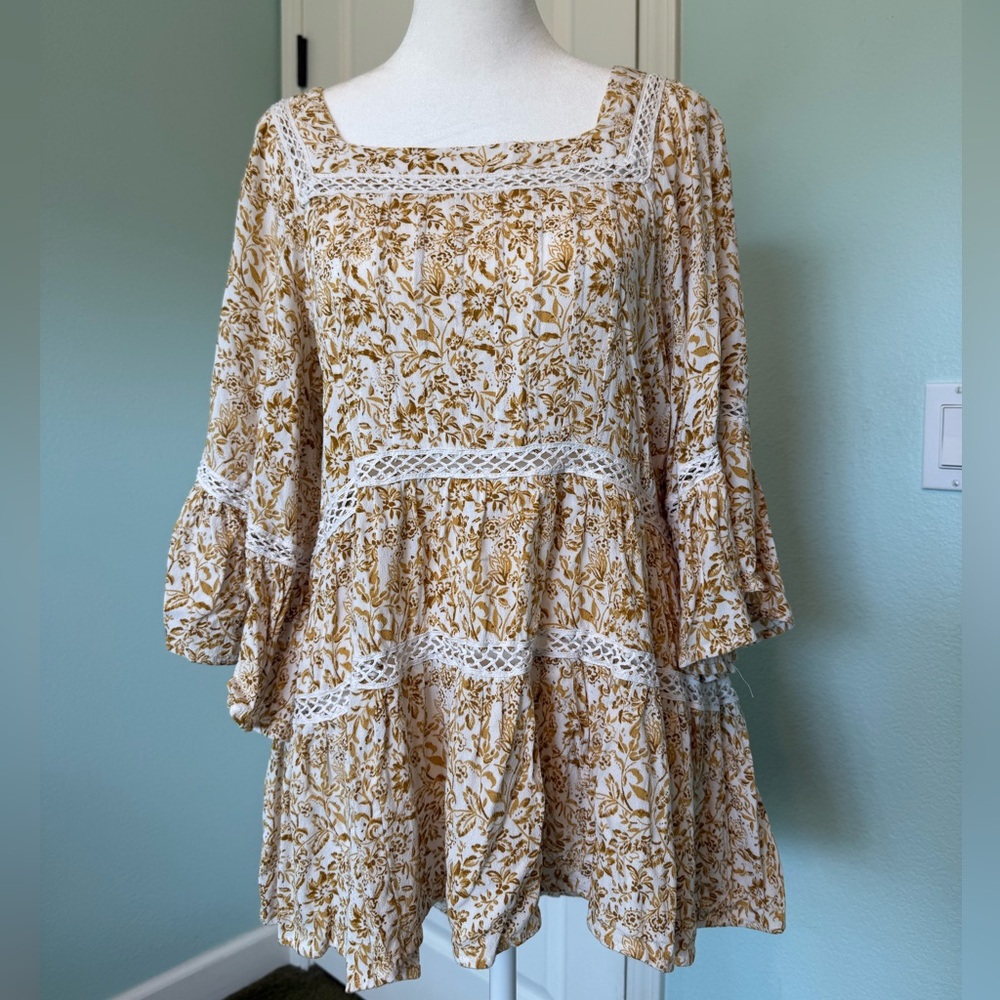 Free People Floral Blouse in Gold and White